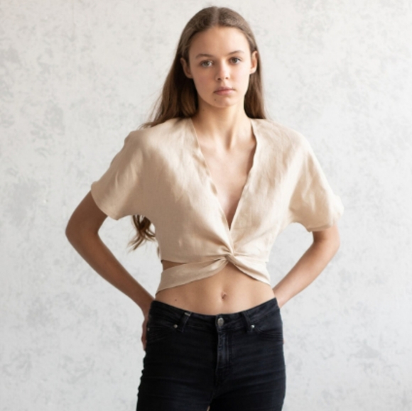 Pink Linen Wrap Crop Top - Picture 2 of 6